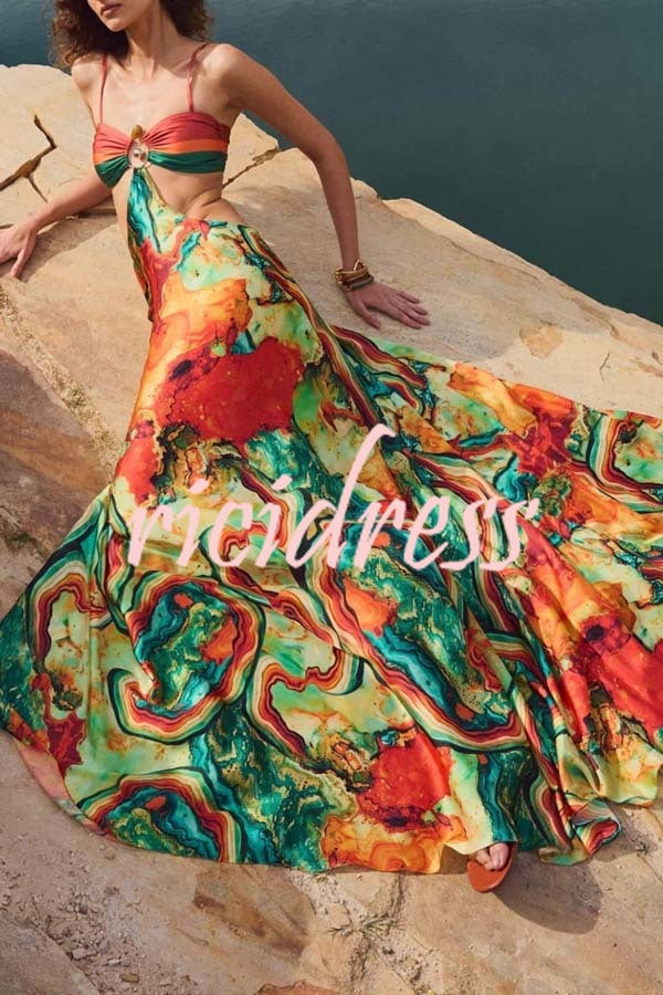Volcanic Magma Printed Metal Decoration Cutout Back Tie-up Vacation Maxi Dress