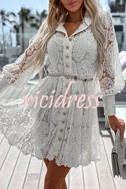 Lace Hollow Button Long Sleeve Mini Dress