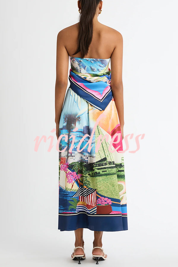 Seaside Holiday Satin Unique Print Knotted Scarf Top and Elastic Waist Loose Maxi Skirt Set