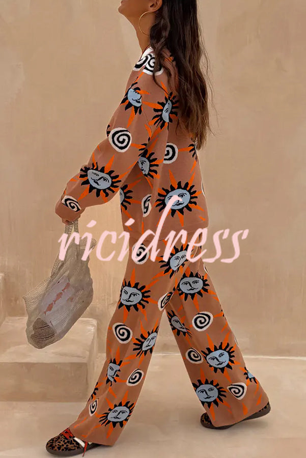 Mediterranean Art Knit Unique Sun Vortex Print Elastic Waist Wide Leg Pants