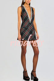 Elegant Demeanor Satin Gemstone Trim Deep V-Neck Tank H-line Mini Dress