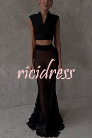 Shes Timeless Mesh High Rise Elastic Waist Fishtail Maxi Skirt