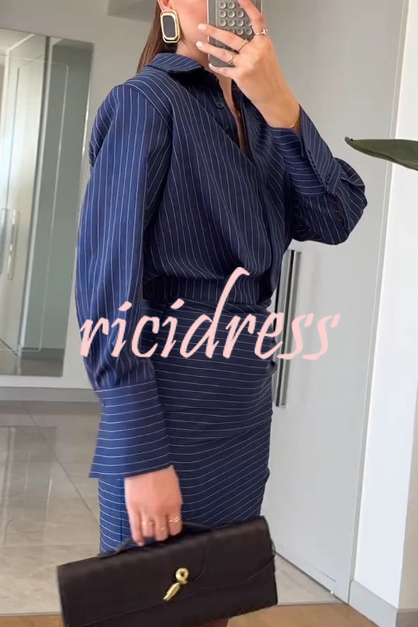 Simple and Sexy Stripe Print Long Sleeve Ruched Hem Shirt Mini Dress