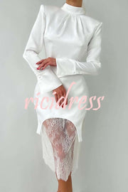 Melissa Satin High Neck Long Sleeve Curved Hem Top and Lace Midi Skirt Set