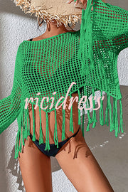 Round Neck Cutout Knitted Long Sleeved Fringed Cover Up