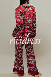 Unique Printed Lounge Long-sleeved Shirt and Elastic Waisted Baggy Pants Set