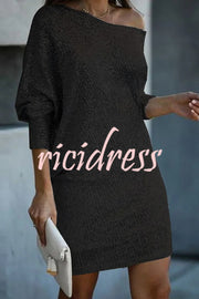 Solid Sequined Off-shoulder Loose Mini Dress