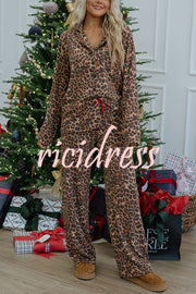 Paige Ribbed Leopard Print Loose Shirt and Elastic Waist Pocketed Pajama Set