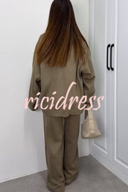 Solid Color V-neck Tie Long-sleeved Loose Knit Cardigan and Elastic Waist Casual Straight Leg Pants Set