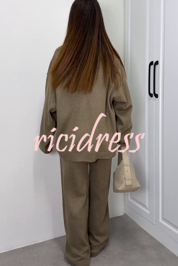 Solid Color V-neck Tie Long-sleeved Loose Knit Cardigan and Elastic Waist Casual Straight Leg Pants Set