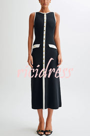 Elegant Slim Fit Crew Neck Buttoned Sleeveless Knit Midi Dress