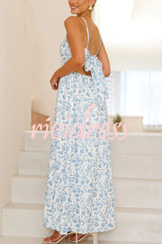 Floral Print V-Neck Sleeveless Back Tie Pocket Maxi Dress