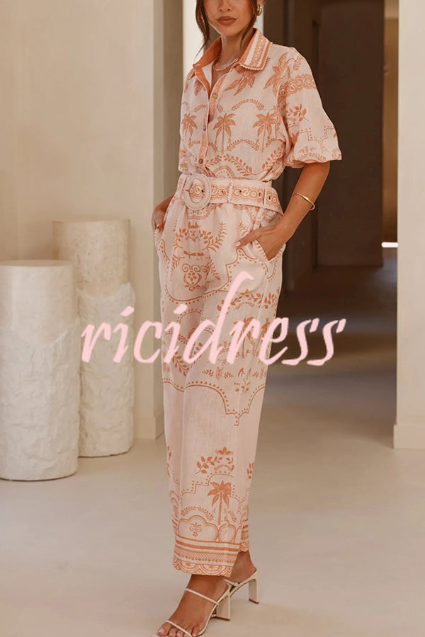 Linen Blend Lapel Puff Sleeve Loose Shirt and Casual Pocket Straight Pants Set