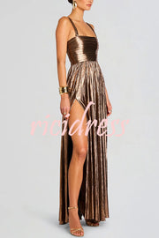 Artistic Quality Metallic Pleated Fabric Removable Straps Slit Maxi Dress