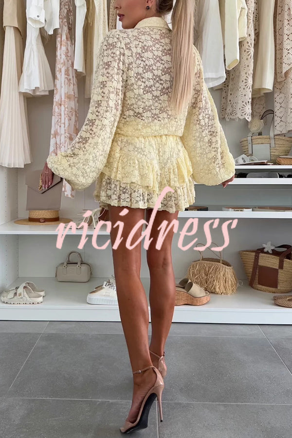 Nicola Lace Long Balloon Sleeve Blouse and Elastic Waist Layered Skort Set