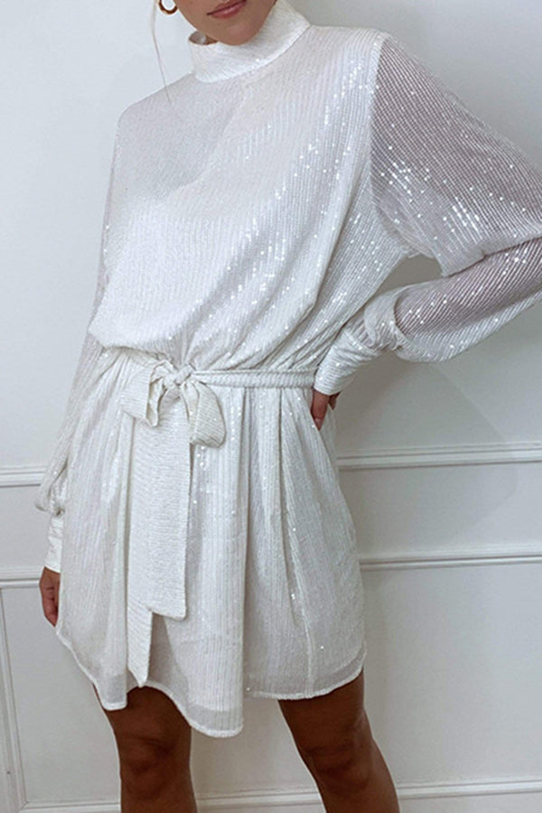 Fashionable Sequined Long-sleeved Belted Casual Mini Dress