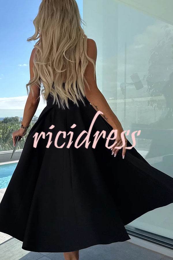 Sweet Cascade Solid Color Off Shoulder Pocket Full Hem Midi Dress