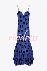 Eliora Mesh Polka Dot Print Gathered Bust Layered Fishtail Hem Maxi Dress