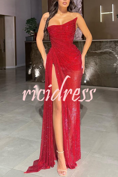 Lysette Sequin Pleated Design Irregular Off-shoulder Slit Drape Gown Maxi Dress