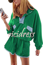 Fashion Contrast Color Stitching Stand Collar Long Sleeve Top and Elastic Waist Loose Pocket Shorts Set