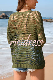 Solid Color Round Neck Long Sleeve Heart Knitted Beach Cover Up