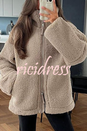 Solid Color Stitching High Collar Long Sleeve Loose Pocket Woolen Coat