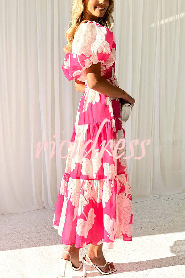 Unique Floral Print Patchwork Lace Up Pleated Maxi Dress