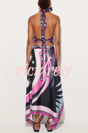 Satin Unique Print Halter Top and Irregular Midi Skirt Set