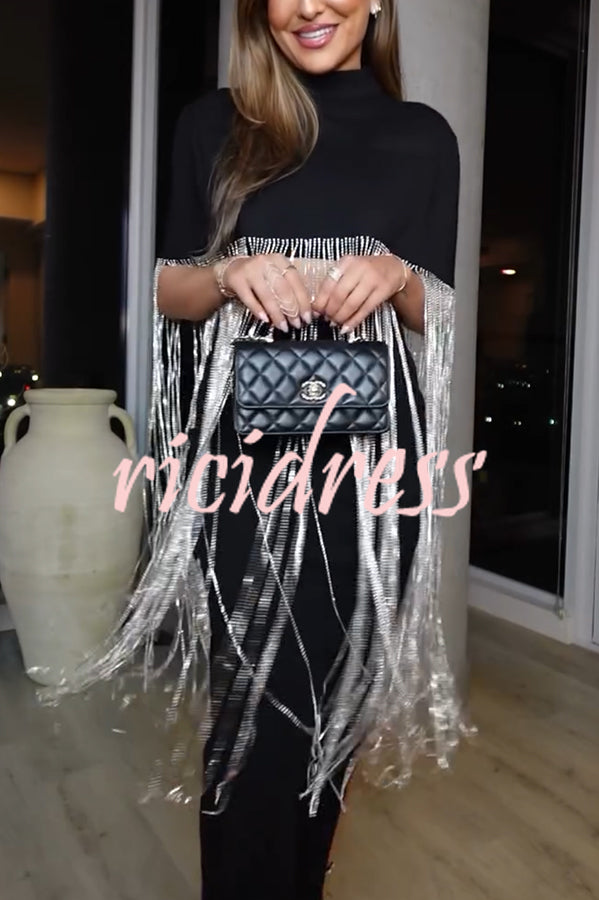 New Level Shiny Tassel Stand Neck Crop Cape Blouse