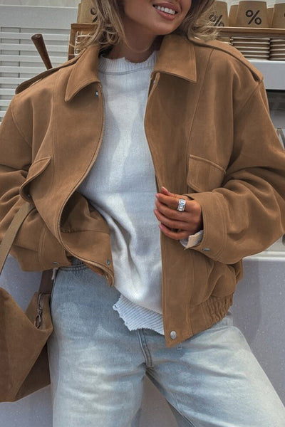 Solid Color Loose Long-sleeved Zipper Casual Jacket