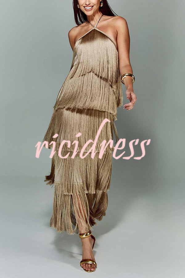 Sexy Halterneck Backless Elegant Fringe Maxi Dress