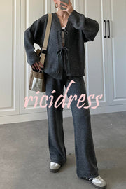Solid Color V-neck Tie Long-sleeved Loose Knit Cardigan and Elastic Waist Casual Straight Leg Pants Set