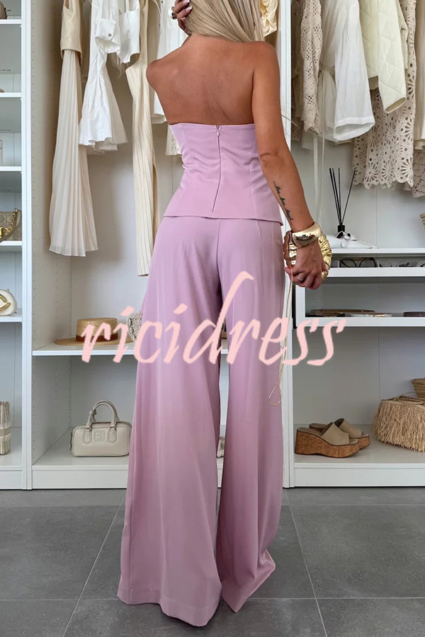 Elegant Solid Color Asymmetric Ruffles Bandeau Top and High Waist Wide Leg Pants Set