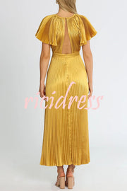 Flash Goddess Satin Pleated Bell Sleeve Cutout Detail Gown Maxi Dress