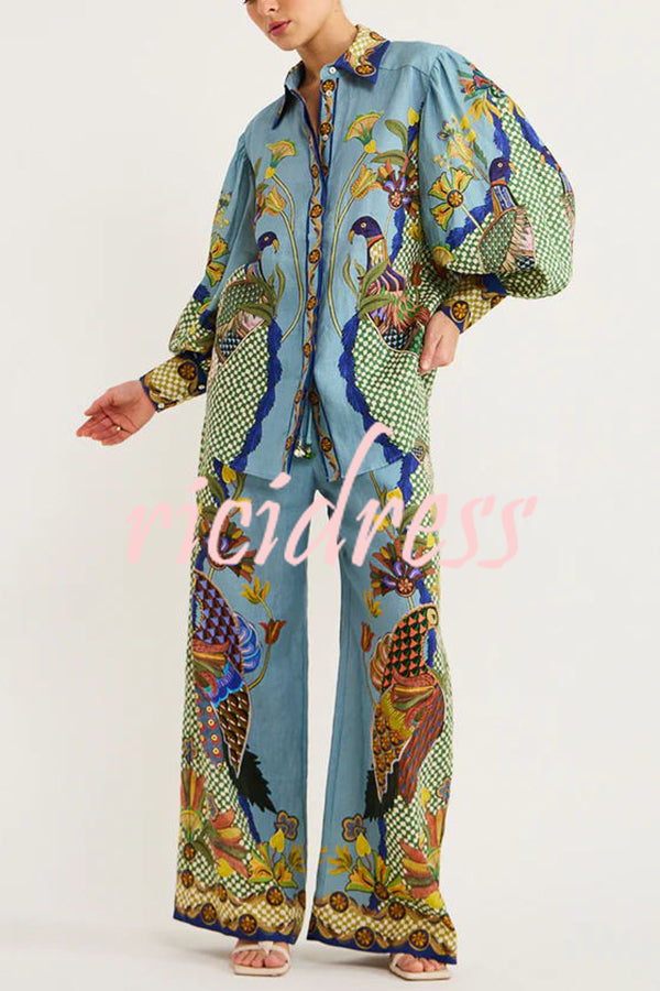 Sun Seeking Unique Heaven Bird Print Balloon Sleeve Button Loose Shirt