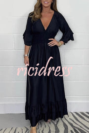 Solid Satin V-Neck Ruffle Sleeve Pleated Waist Maxi Dress