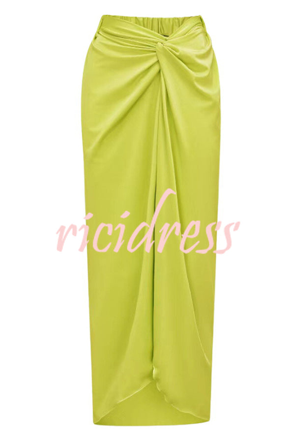 Solid Color Elastic Waist High Slit Loose Holiday Midi Skirt