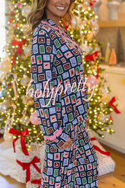 Postcards To Santa Unique Print Ruffles Trim Pocket Shirt and Elastic Waist Pajama Set