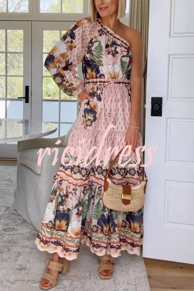 Dream Garden Unique Print One Shoulder Elastic Waist Pocket Maxi Dress