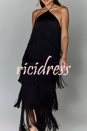 Sexy Halterneck Backless Elegant Fringe Maxi Dress