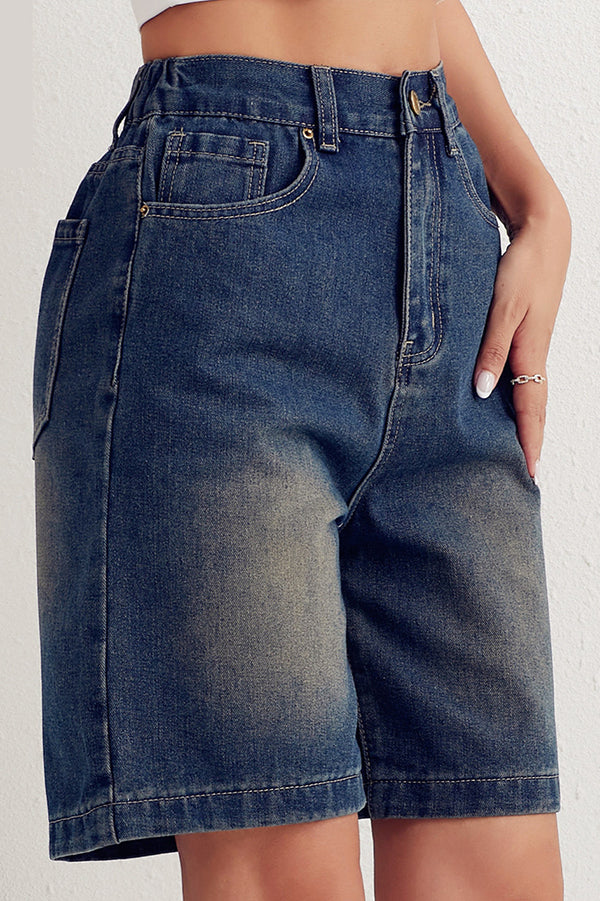 Fashionable Back Elastic Waist Pocket Casual Denim Shorts