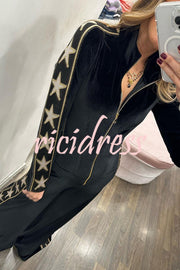 Star-print Velvet Patchwork Zipped Wide-leg Jumpsuit