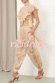 Ellie Lace Gathered Waist Pocket Button Ankle Cuffs Harem Pant