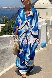 Shades of Sky Printed Button Loose Cover-up Top and Elastic Waist Wide Leg Pants Suit