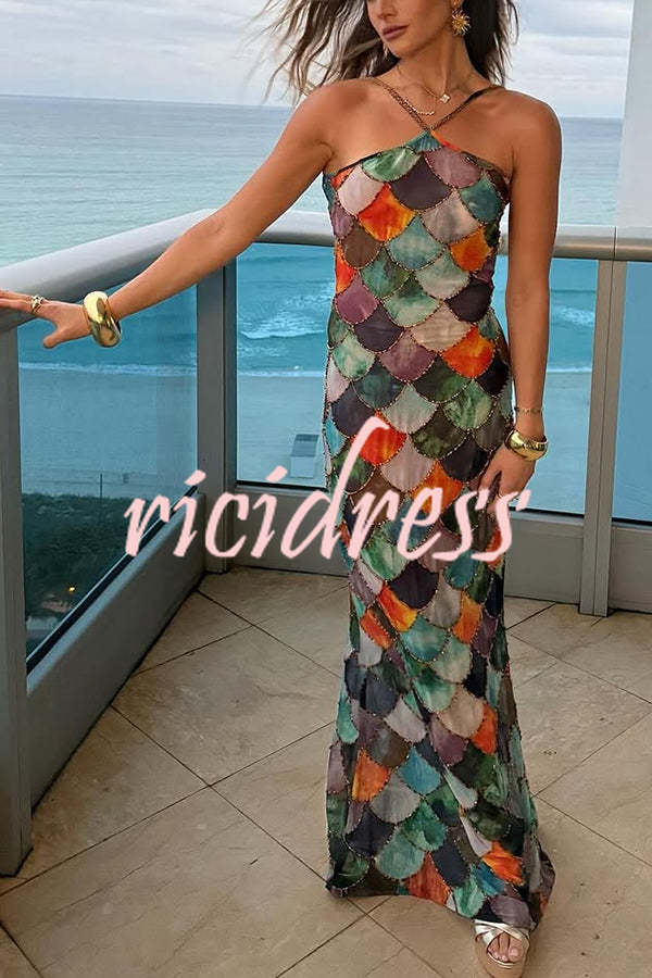 Little Mermaid Colorful Scales Print Halter Maxi Dress