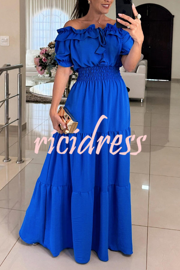 Admit Your Feelings Off Shoulder Smocked Waist Maxi Dress