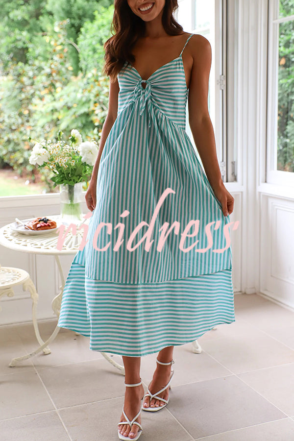 Striped Print Suspenders Gathered Lace-up Loose Midi Dress