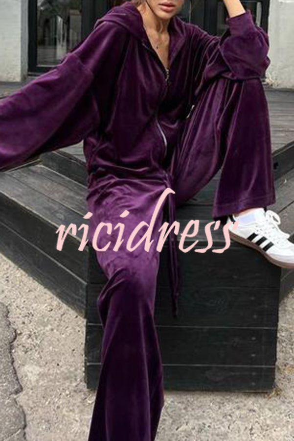 Velvet Zip Up Hooded Top and Drawstring Pants Two Piece Set
