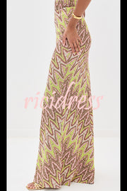 Moonlit Waltz Knit Jacquard Zigzag Print High Rise Stretch Flare Maxi Skirt