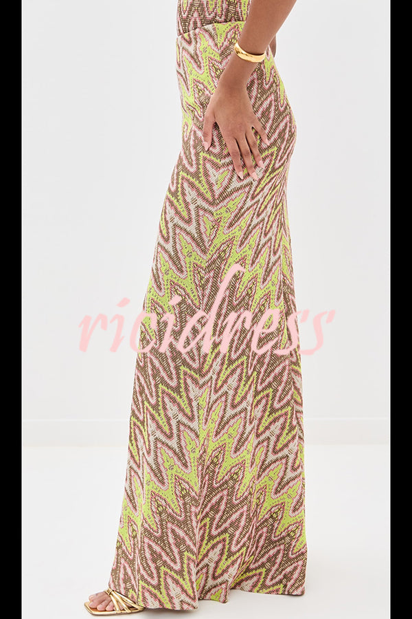 Moonlit Waltz Knit Jacquard Zigzag Print High Rise Stretch Flare Maxi Skirt
